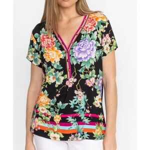 Johnny Was Womens XS Farrow Seline‎ Top Black Multicolor Floral Boho Stretch